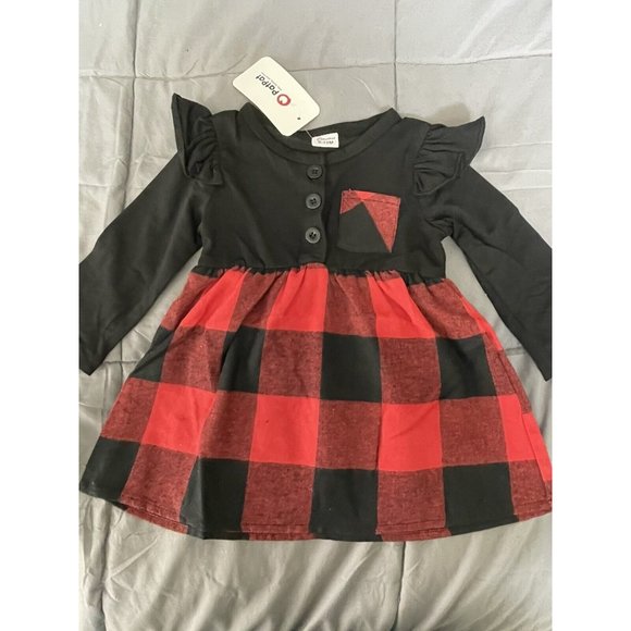 PatPat Dresses Patpat Baby Girls Black Long Sleeve Christmas Red Plaid Dress Size 92mo